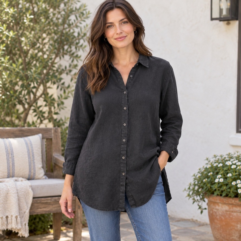 J.Jill Love Linen Tunic Women Button Down Long Sleeve Charcoal Black Medium